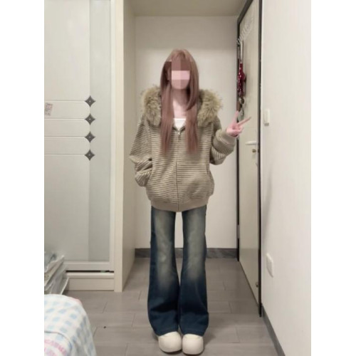 美式復古條紋連帽衛衣外套女秋冬季寬松毛領針織外穿上衣拉鍊開衫