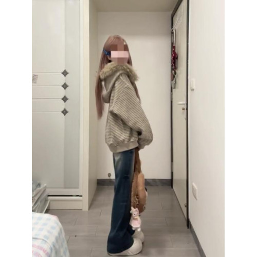 美式復古條紋連帽衛衣外套女秋冬季寬松毛領針織外穿上衣拉鍊開衫