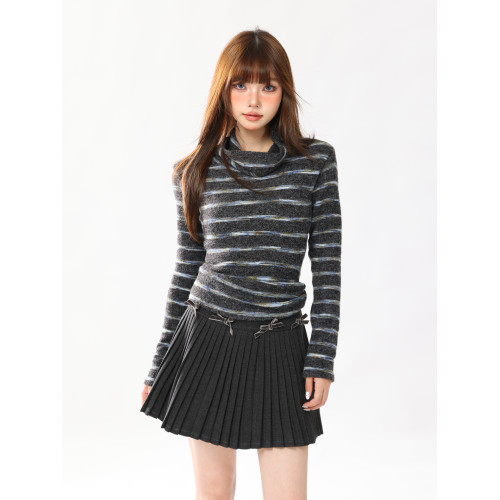 AONW秋冬蕩領條紋打底衫女軟糯修身長袖T恤女緊身內搭可外穿高領