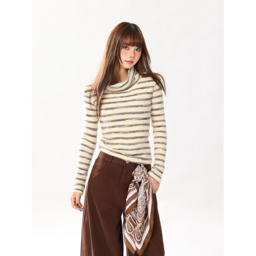 AONW秋冬蕩領條紋打底衫女軟糯修身長袖T恤女緊身內搭可外穿高領