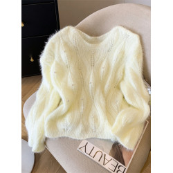 軟糯奶呼呼釘珠藍色毛衣女秋冬新款設計感鏤空針織毛衫慵懶松弛感