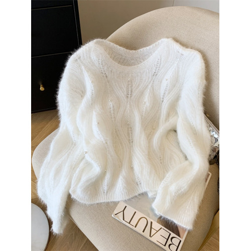 軟糯奶呼呼釘珠藍色毛衣女秋冬新款設計感鏤空針織毛衫慵懶松弛感 軟糯奶呼呼釘珠藍色毛衣女秋冬新款設計感鏤空針織毛衫慵懶松弛感