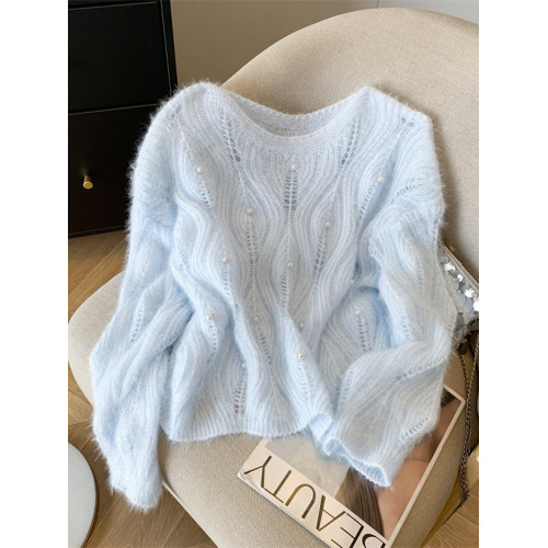 軟糯奶呼呼釘珠藍色毛衣女秋冬新款設計感鏤空針織毛衫慵懶松弛感 軟糯奶呼呼釘珠藍色毛衣女秋冬新款設計感鏤空針織毛衫慵懶松弛感