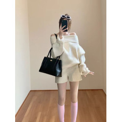 早秋新款韓系套裝女高級感時尚一字肩套頭毛衣高腰短褲針織兩件套
