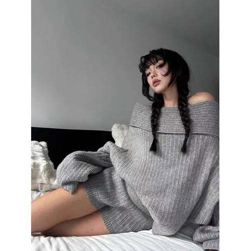 早秋新款韓系套裝女高級感時尚一字肩套頭毛衣高腰短褲針織兩件套 早秋新款韓系套裝女高級感時尚一字肩套頭毛衣高腰短褲針織兩件套