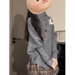 灰色高領鬭篷上衣女新款設計感小衆慵懶風不規則長袖針織衫毛衣秋