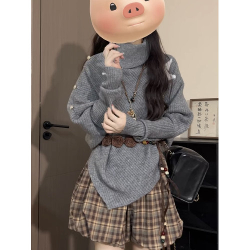 灰色高領鬭篷上衣女新款設計感小衆慵懶風不規則長袖針織衫毛衣秋
