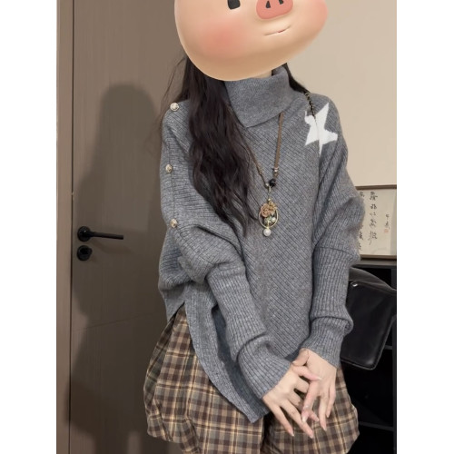 灰色高領鬭篷上衣女新款設計感小衆慵懶風不規則長袖針織衫毛衣秋