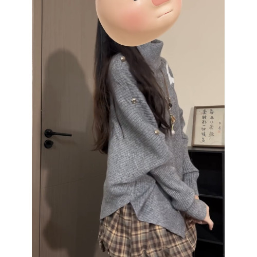 灰色高領鬭篷上衣女新款設計感小衆慵懶風不規則長袖針織衫毛衣秋