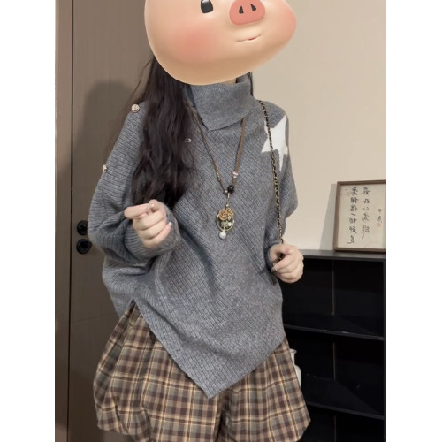 灰色高領鬭篷上衣女新款設計感小衆慵懶風不規則長袖針織衫毛衣秋