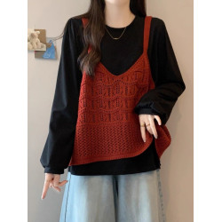 大碼胖mm早秋新款紅色針織馬甲背心曡穿外搭長袖T恤女兩件套上衣