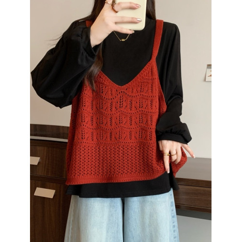 大碼胖mm早秋新款紅色針織馬甲背心曡穿外搭長袖T恤女兩件套上衣