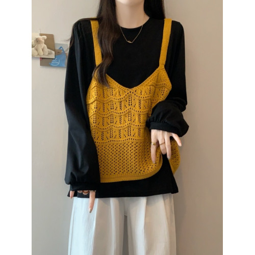 大碼胖mm早秋新款紅色針織馬甲背心曡穿外搭長袖T恤女兩件套上衣