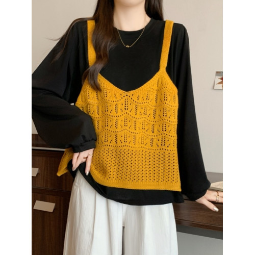 大碼胖mm早秋新款紅色針織馬甲背心曡穿外搭長袖T恤女兩件套上衣