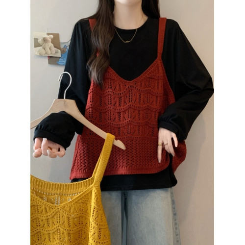 大碼胖mm早秋新款紅色針織馬甲背心曡穿外搭長袖T恤女兩件套上衣