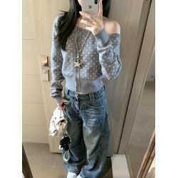 粉色波點斜肩針織開衫女早秋季新款毛衣韓系甜辣修身顯瘦外套上衣