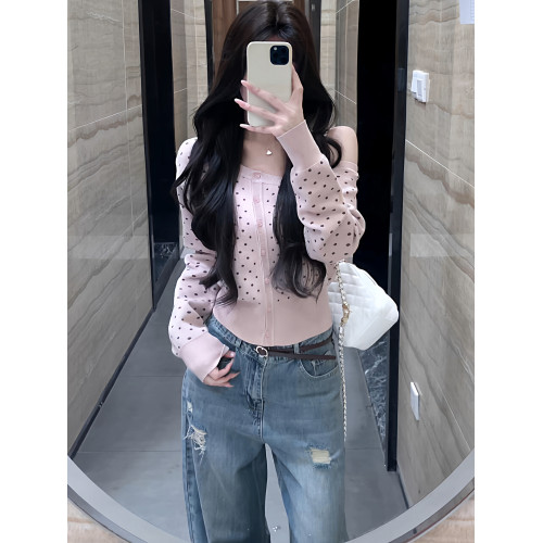 粉色波點斜肩針織開衫女早秋季新款毛衣韓系甜辣修身顯瘦外套上衣