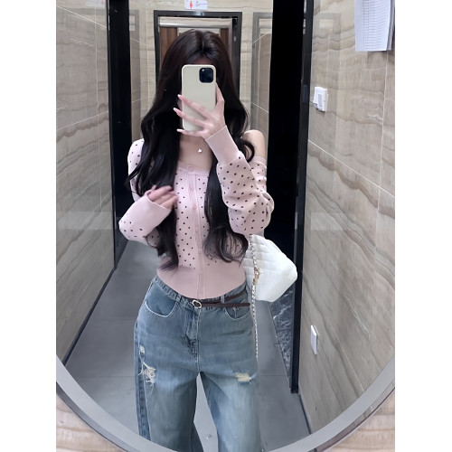 粉色波點斜肩針織開衫女早秋季新款毛衣韓系甜辣修身顯瘦外套上衣