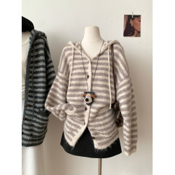 RENA日系文藝連帽條紋針織開衫女2025秋季慵懶風寬松顯瘦毛衣外套