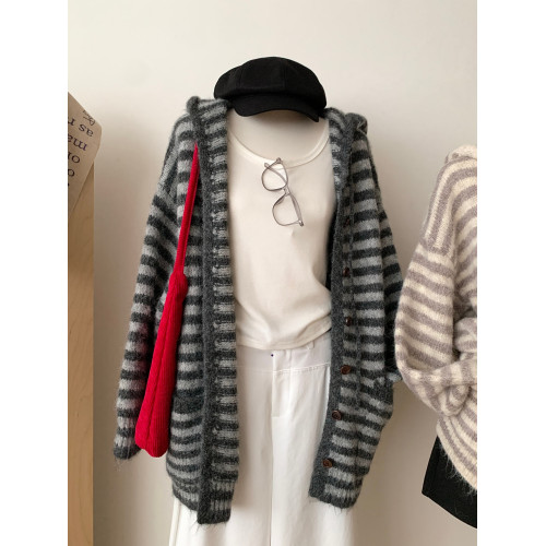 RENA日系文藝連帽條紋針織開衫女2025秋季慵懶風寬松顯瘦毛衣外套