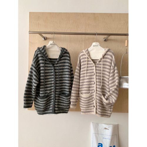 RENA日系文藝連帽條紋針織開衫女2025秋季慵懶風寬松顯瘦毛衣外套