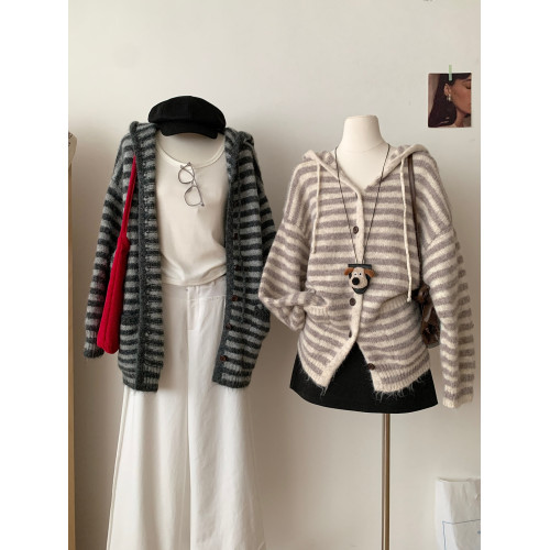 RENA日系文藝連帽條紋針織開衫女2025秋季慵懶風寬松顯瘦毛衣外套