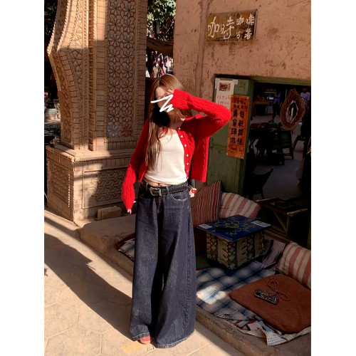 2025新款慵懶風紅色針織外套女早秋季小個子短款上衣毛衣開衫外搭