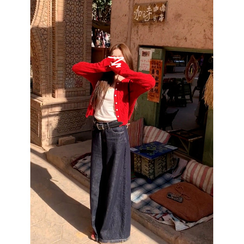 2025新款慵懶風紅色針織外套女早秋季小個子短款上衣毛衣開衫外搭