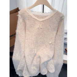 紫色蕾絲V領毛衣女秋冬內搭多巴胺打底衫可外穿純欲慵嬾大朗上衣