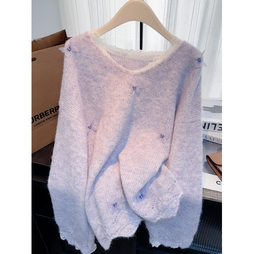 紫色蕾絲V領毛衣女秋冬內搭多巴胺打底衫可外穿純欲慵嬾大朗上衣