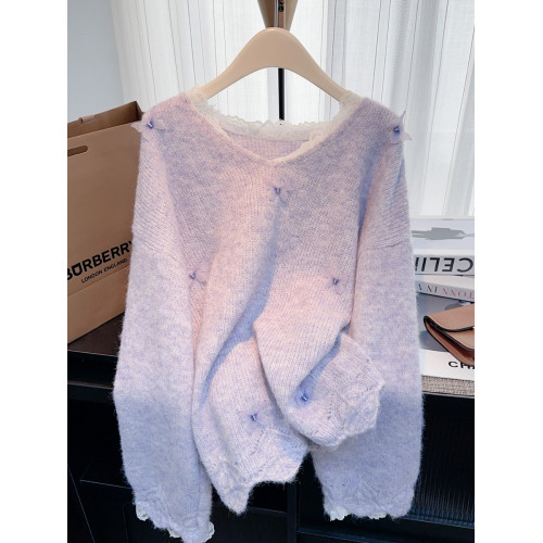 紫色蕾絲V領毛衣女秋冬內搭多巴胺打底衫可外穿純欲慵嬾大朗上衣