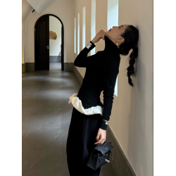 黑色針織上衣女秋冬小衆不撞款高級小香風巨好看輕熟氣質掐腰毛衣