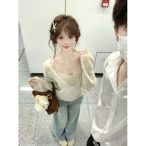 韓系慵懶v領鏤空針織毛衣罩衫女2025早秋季新款長袖上衣兩件套裝