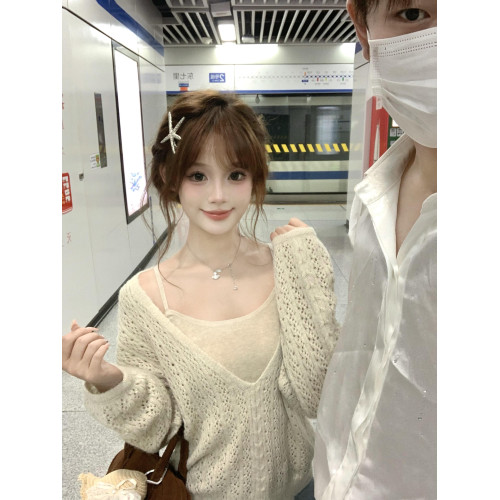 韓系慵懶v領鏤空針織毛衣罩衫女2025早秋季新款長袖上衣兩件套裝