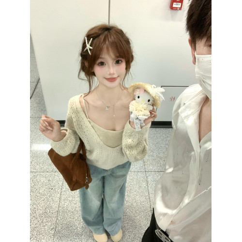 韓系慵懶v領鏤空針織毛衣罩衫女2025早秋季新款長袖上衣兩件套裝