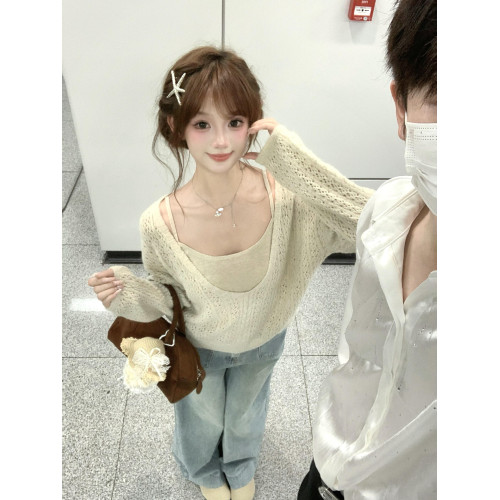 韓系慵懶v領鏤空針織毛衣罩衫女2025早秋季新款長袖上衣兩件套裝