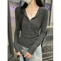 蕾絲miu系假兩件磨毛打底衫女春秋冬季半開領紐釦正肩長袖T恤上衣