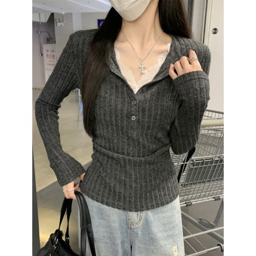 蕾絲miu系假兩件磨毛打底衫女春秋冬季半開領紐釦正肩長袖T恤上衣