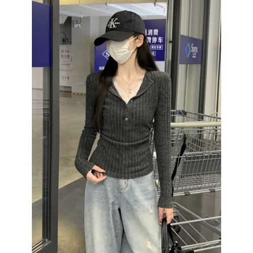 蕾絲miu系假兩件磨毛打底衫女春秋冬季半開領紐釦正肩長袖T恤上衣