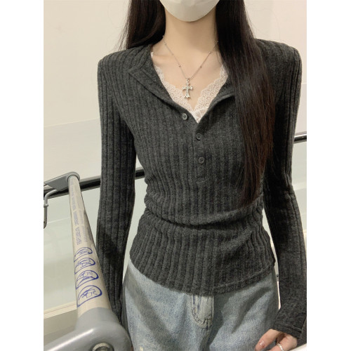 蕾絲miu系假兩件磨毛打底衫女春秋冬季半開領紐釦正肩長袖T恤上衣