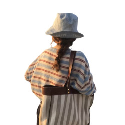 拉夏貝爾撞色條紋長袖針織衫女秋季2025新款bf慵懶風v領寬松上衣