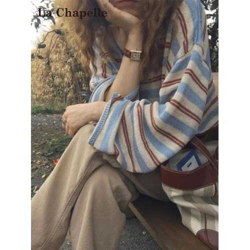拉夏貝爾撞色條紋長袖針織衫女秋季2025新款bf慵懶風v領寬松上衣 拉夏貝爾撞色條紋長袖針織衫女秋季2025新款bf慵懶風v領寬松上衣