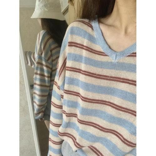 拉夏貝爾撞色條紋長袖針織衫女秋季2025新款bf慵懶風v領寬松上衣 拉夏貝爾撞色條紋長袖針織衫女秋季2025新款bf慵懶風v領寬松上衣