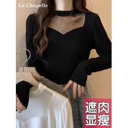 拉夏貝爾黑色半高領網紗拼接針織打底衫女秋冬辛苦那內搭洋氣毛衣