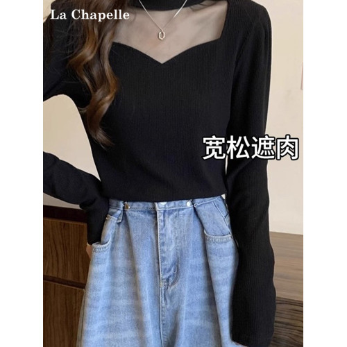 拉夏貝爾黑色半高領網紗拼接針織打底衫女秋冬辛苦那內搭洋氣毛衣