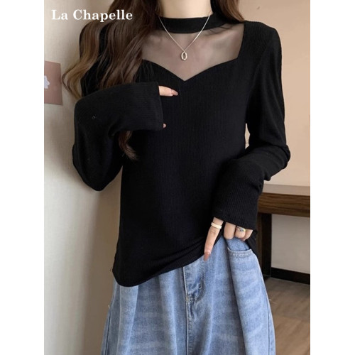 拉夏貝爾黑色半高領網紗拼接針織打底衫女秋冬辛苦那內搭洋氣毛衣