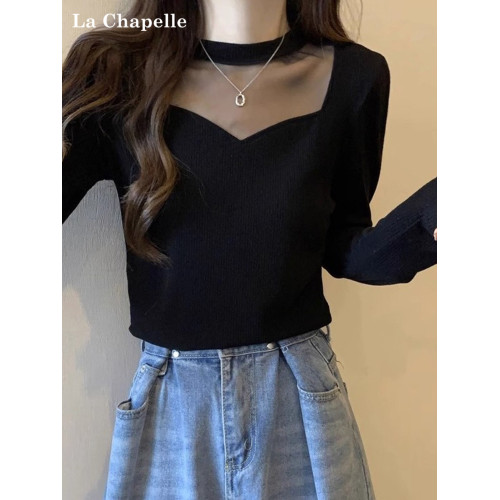 拉夏貝爾黑色半高領網紗拼接針織打底衫女秋冬辛苦那內搭洋氣毛衣