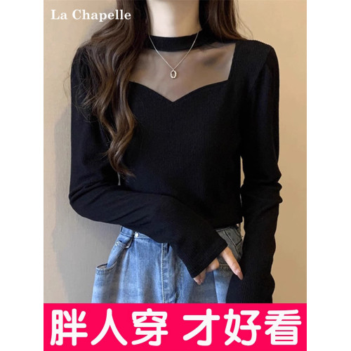 拉夏貝爾黑色半高領網紗拼接針織打底衫女秋冬辛苦那內搭洋氣毛衣