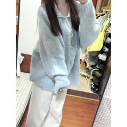 學院風軟糯藍色半拉鍊套頭麻花毛衣女秋季韓系慵懶寬松針織上衣冬