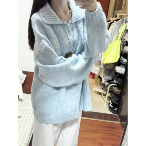 學院風軟糯藍色半拉鍊套頭麻花毛衣女秋季韓系慵懶寬松針織上衣冬 學院風軟糯藍色半拉鍊套頭麻花毛衣女秋季韓系慵懶寬松針織上衣冬